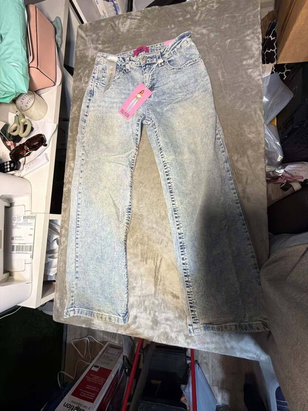 Telepatia Bling Wide Leg Acid Wash Denim Jeans